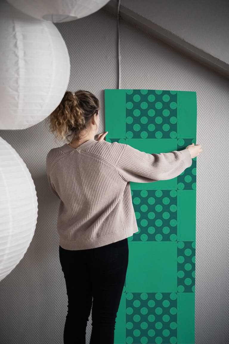 Green abstract square and polka dots pattern behang roll