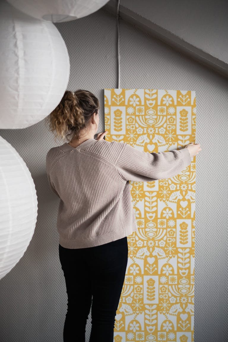 Swedish Folk Art Mid-Century Modern Yellow papel pintado roll