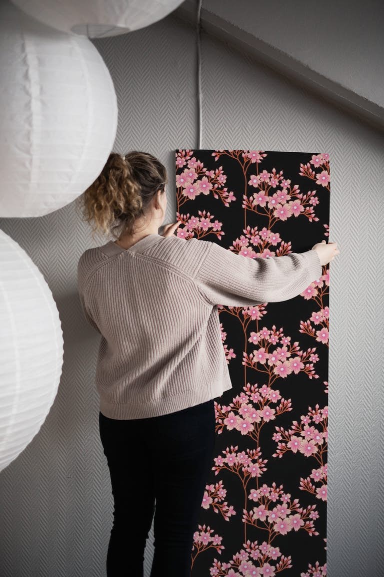 Pink Blossoms on Black papel de parede roll