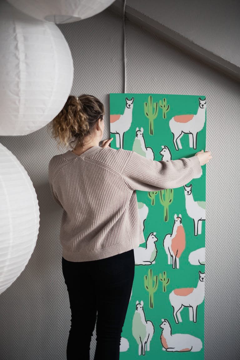 Happy Llama Pattern Green wallpaper roll