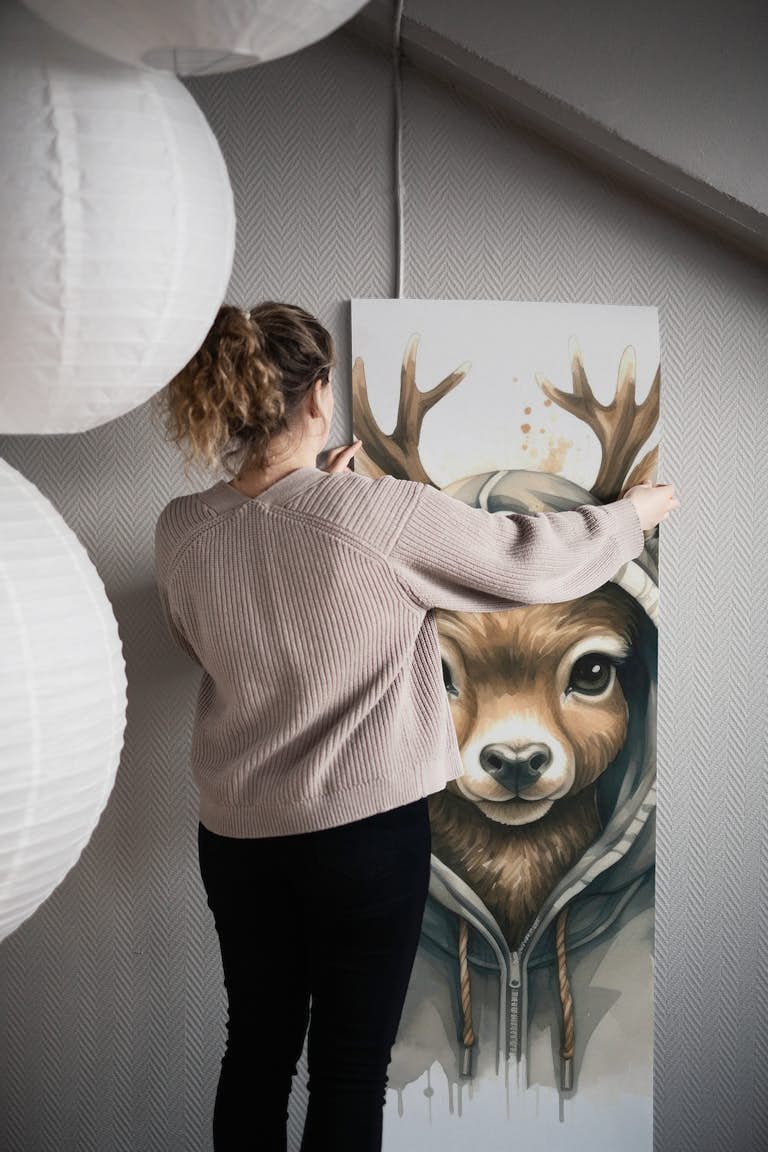 Watercolor Cartoon Deer in a Hoodie tapete roll