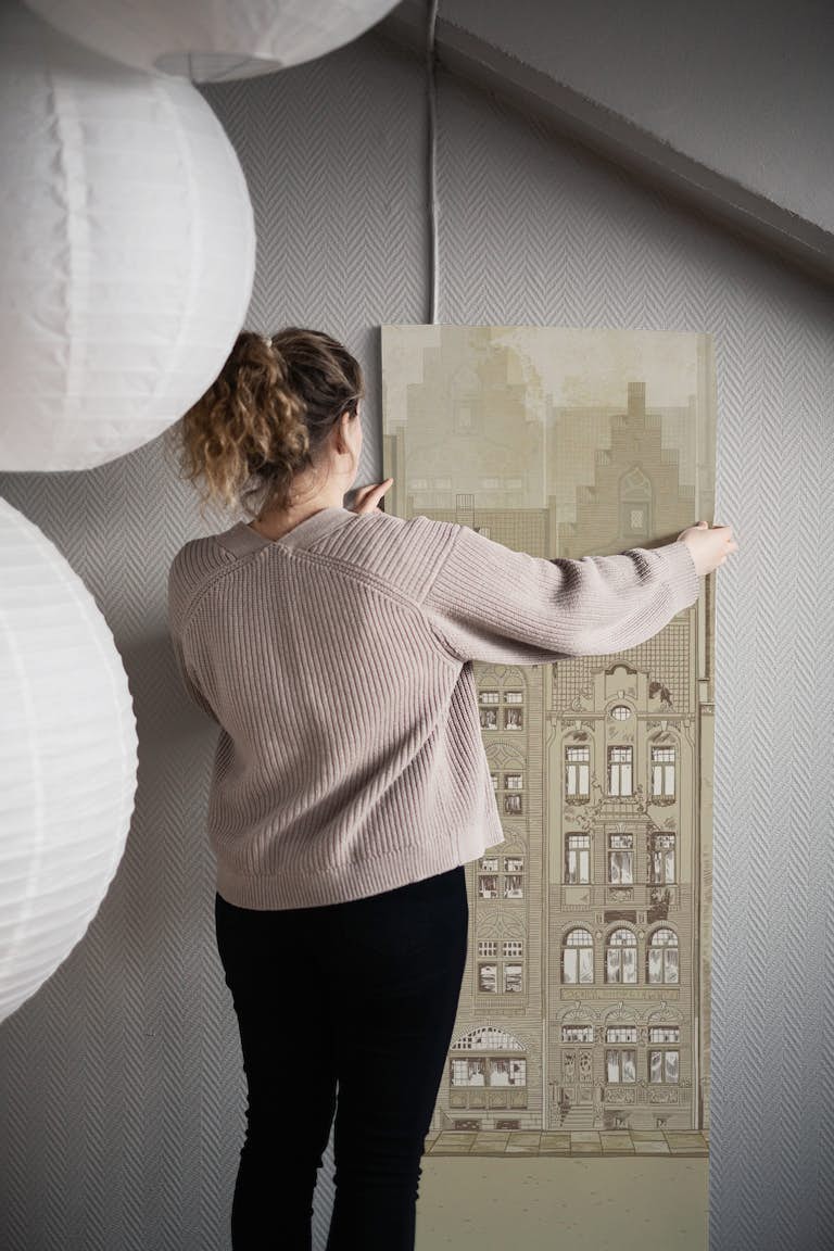 Graphic fresco of Amsterdam houses behang roll