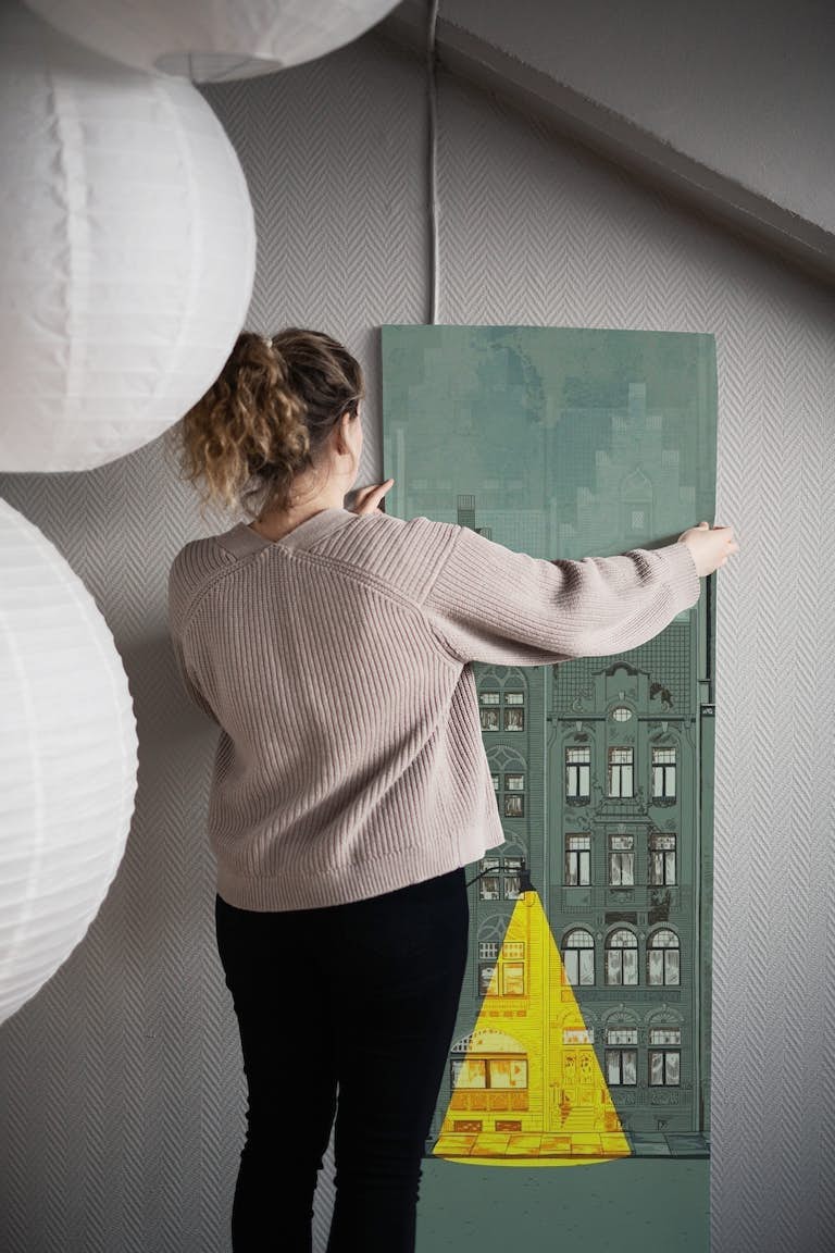 Graphic mural of Amsterdam houses papel pintado roll