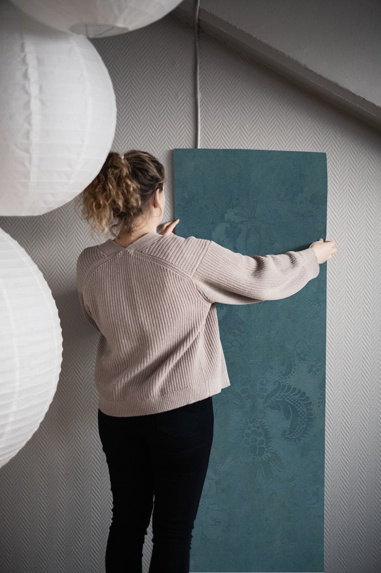 Grunge Damask Teal wallpaper roll