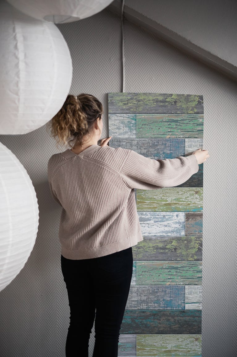 Reclaimed Boat Wood Green Blue wallpaper roll