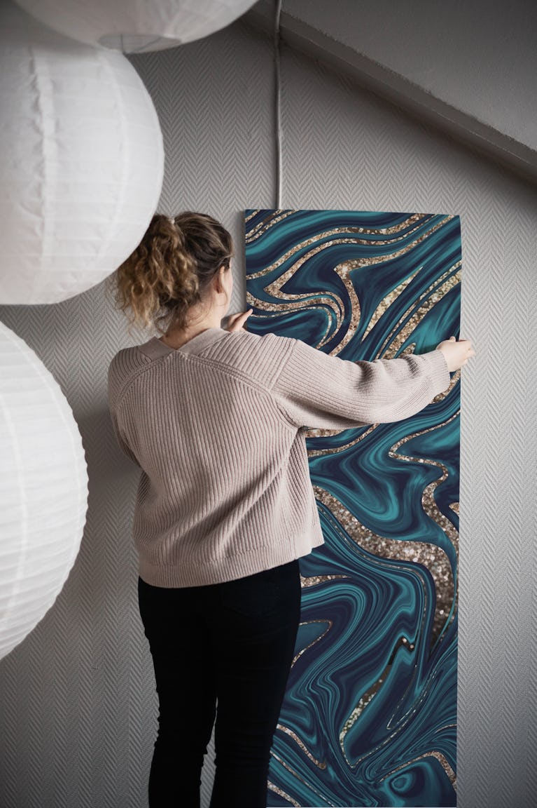 Teal Navy Blue Gold Marble 1a wallpaper roll