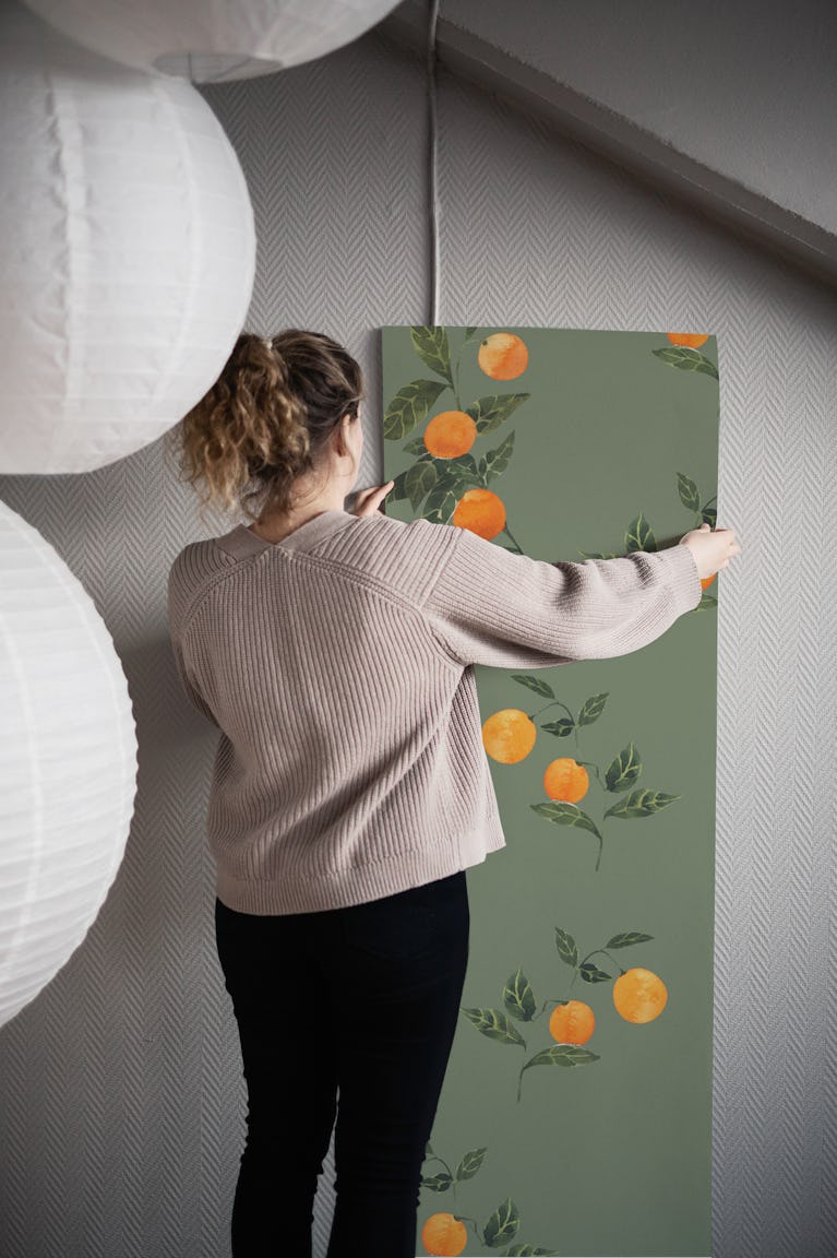 Sunkissed Oranges on Dark Sage wallpaper roll