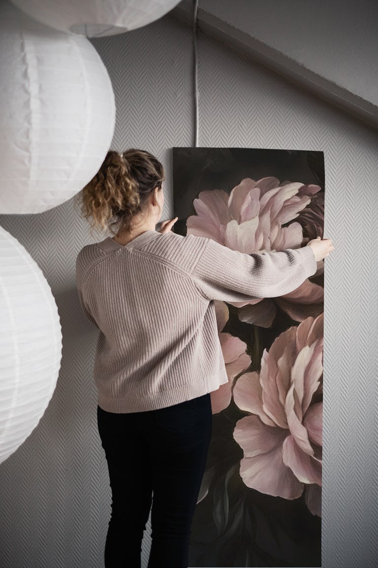 Midnight Opulent Baroque Peonies Garden wallpaper roll