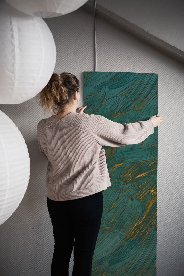 Teal Gold Fluid Art wallpaper roll