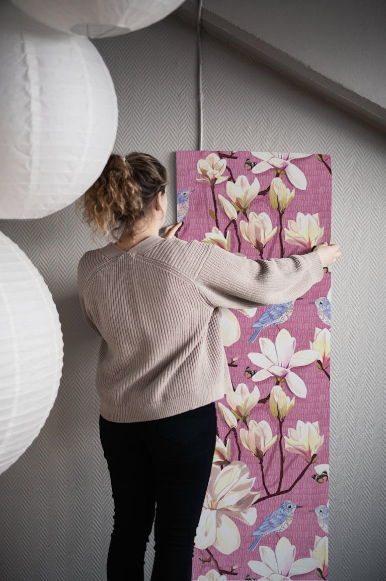 Blue Birds with Magnolias wallpaper roll