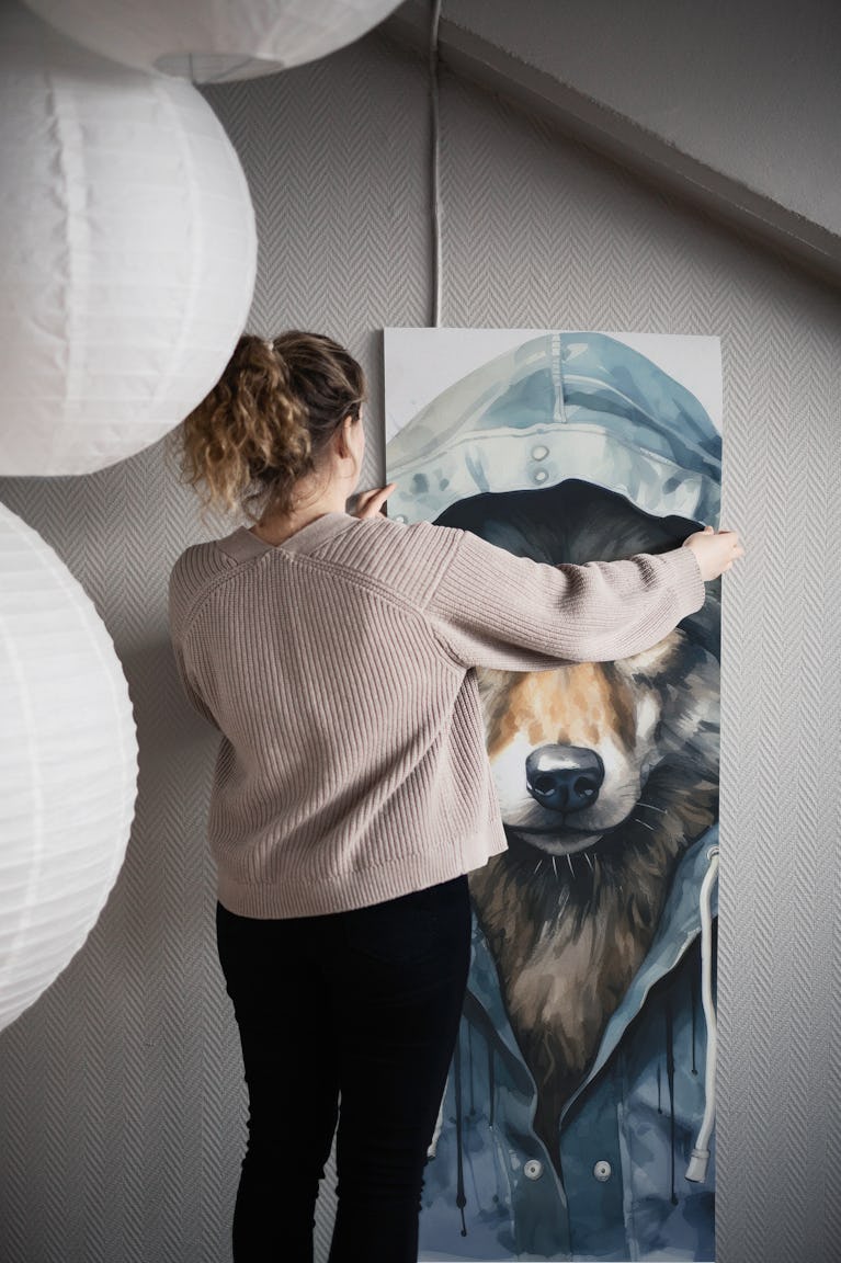 Watercolor Cartoon Wolf in a Hoodie wallpaper roll