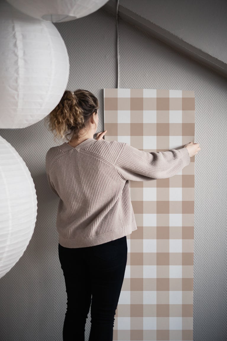 warm beige gingham large checkered plaid wallpaper roll