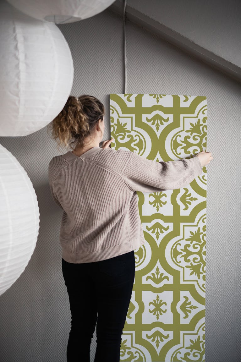 Alhambra Olive Green White wallpaper roll