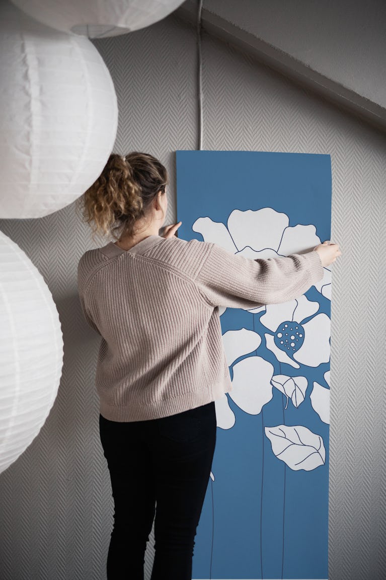 Denim Blue White Poppies wallpaper roll