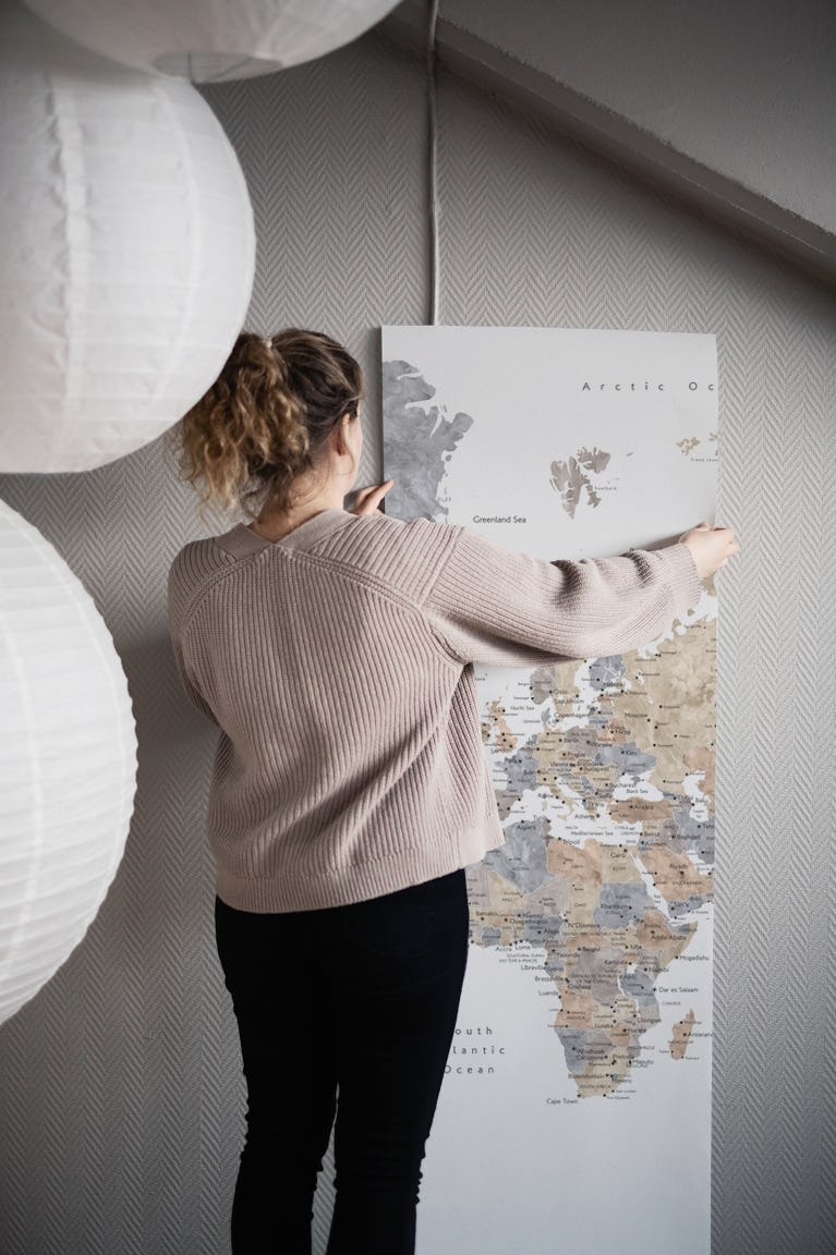 Gouri world map with cities wallpaper roll