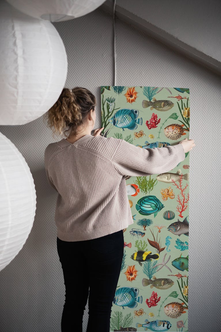 Oceania in sage green wallpaper roll