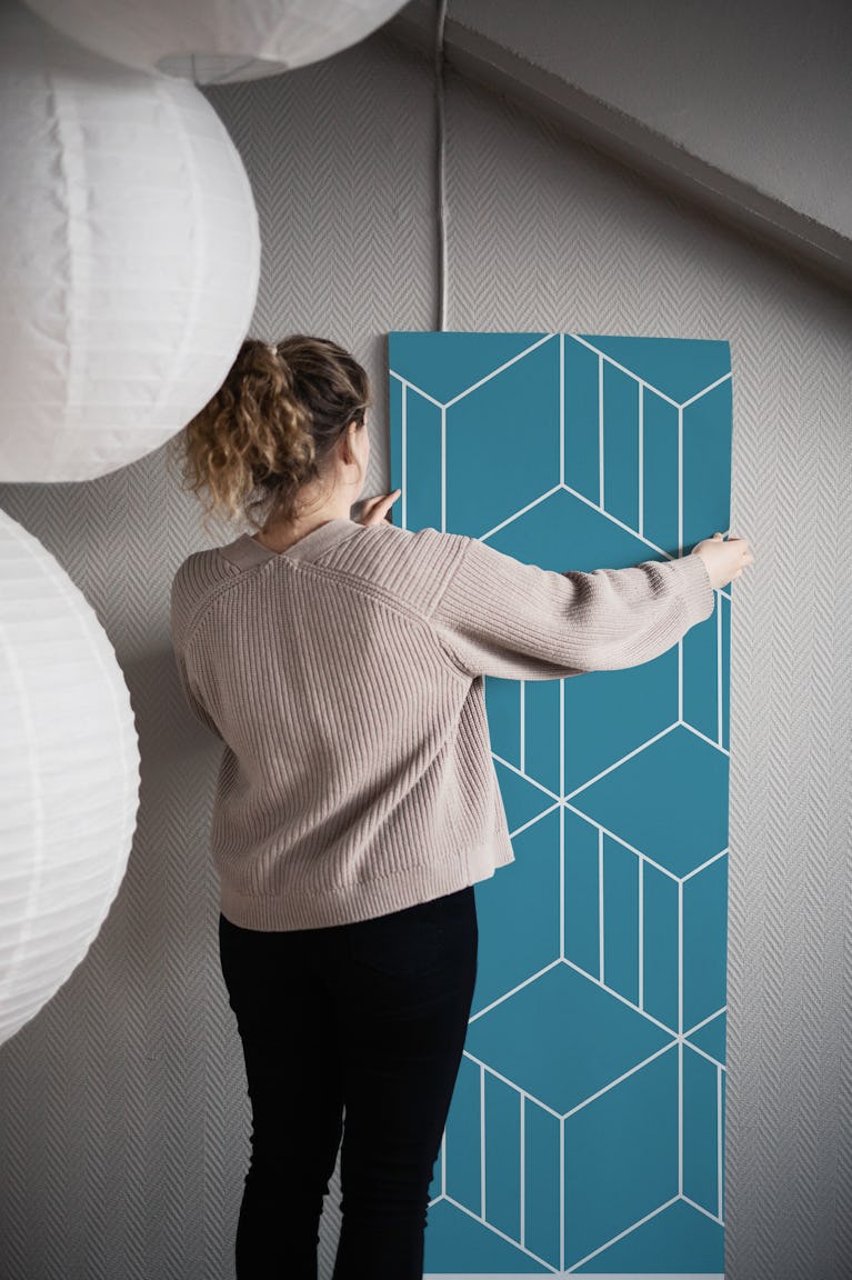 Dark Green Teal Jade Cubes wallpaper roll