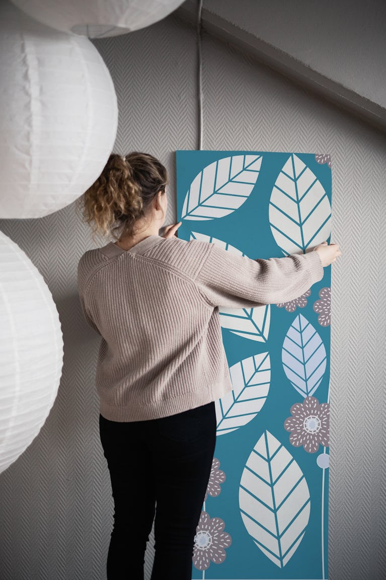 Scandinavian Leaf Flower Teal wallpaper roll
