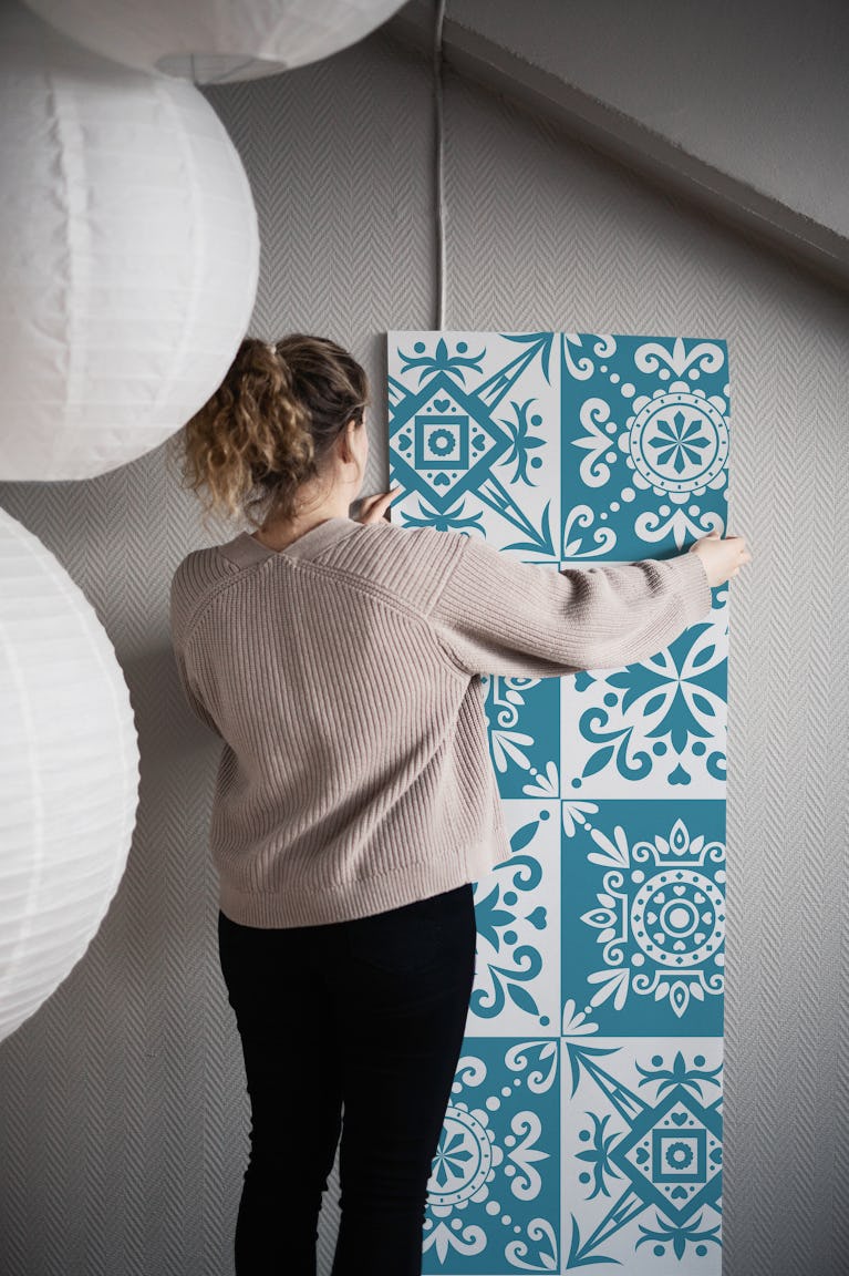 Alhambra White Teal Pattern wallpaper roll