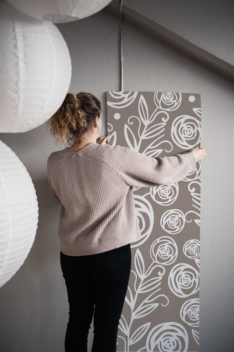 Modern White Rose Ash Taupe wallpaper roll