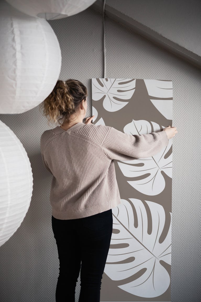 White Palm Leaves Taupe Ash wallpaper roll