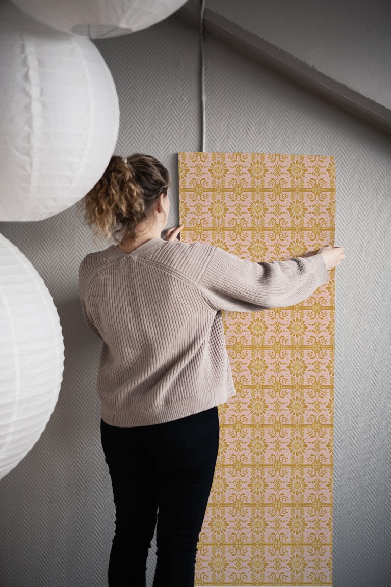 Boho Florals Gold Pink wallpaper roll