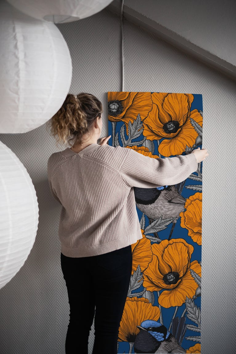 Fairy wrens and poppy flowers on dark blue wallpaper roll