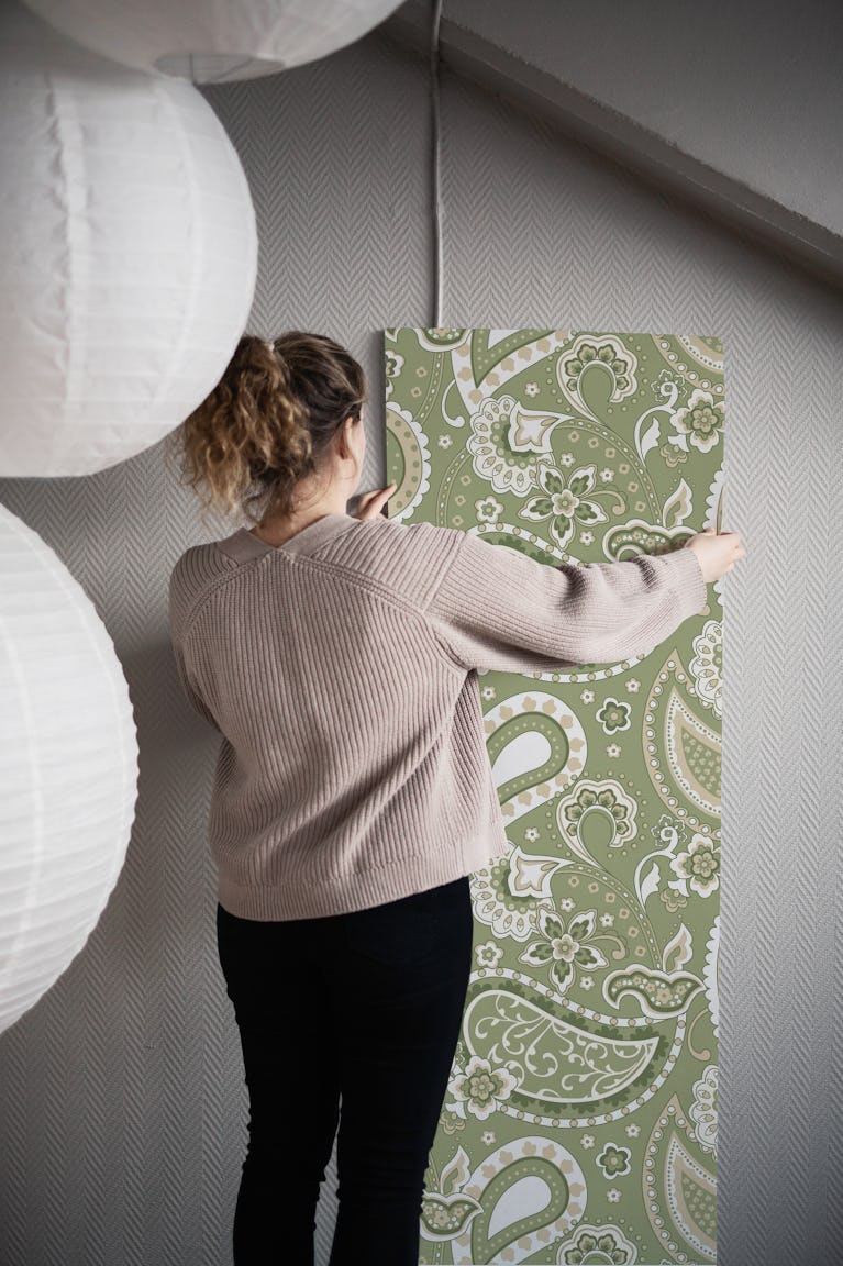Paisley olive sage beige S wallpaper roll
