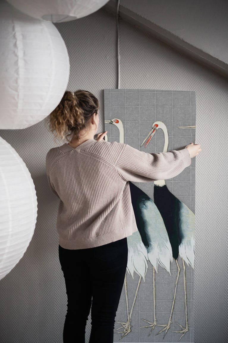 Japan Cranes on Grey wallpaper roll