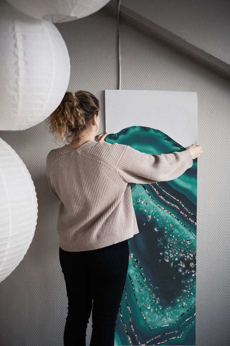 Teal Agate Rose Gold Glitter 1 wallpaper roll