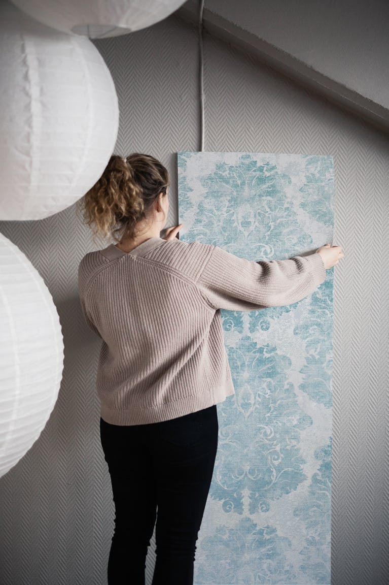 Antique Damask Aqua Blue Grey wallpaper roll