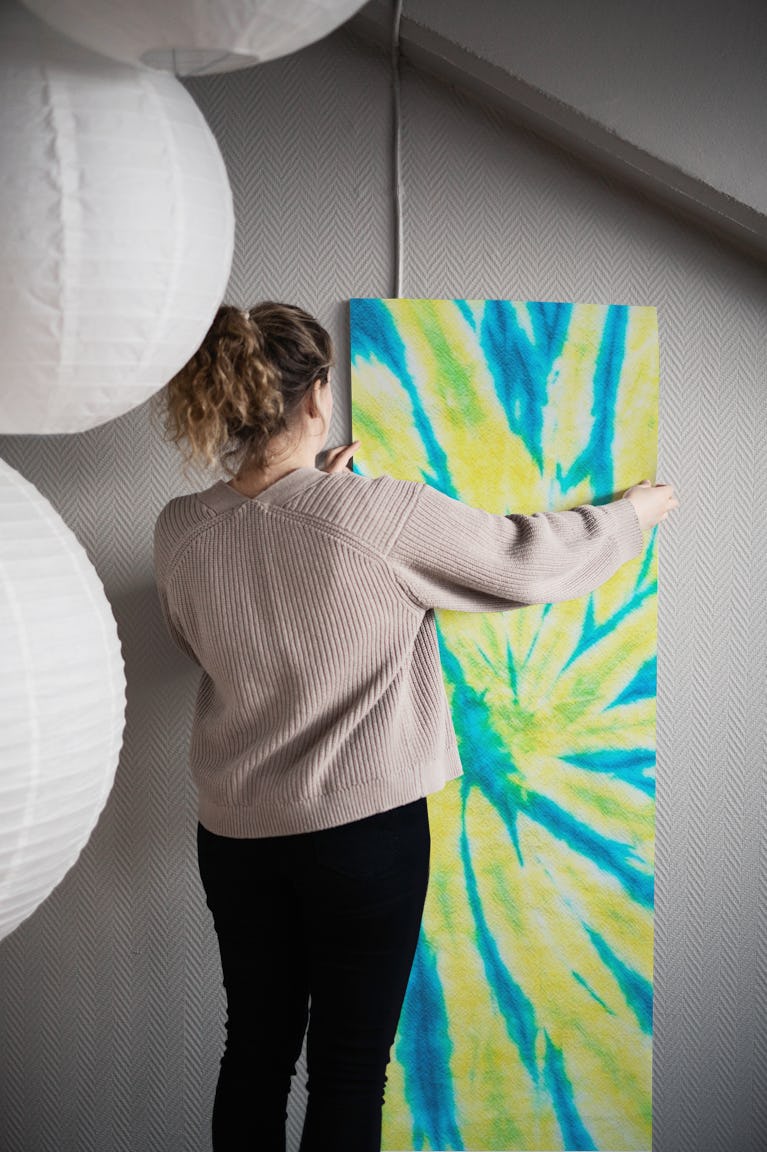 Yellow and blue tie dye wallpaper roll