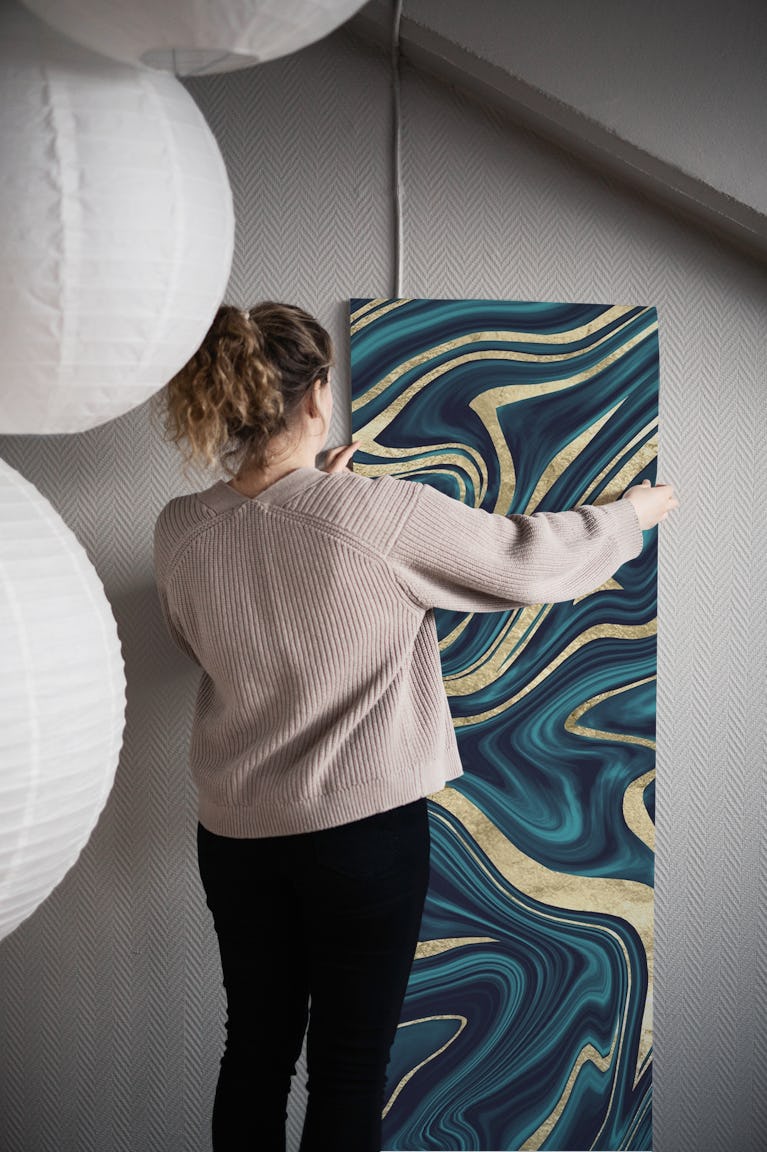 Teal Navy Blue Gold Marble 1 wallpaper roll