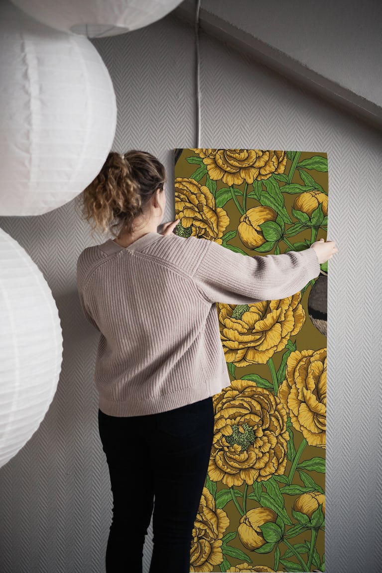 Yellow Peonies and wrens wallpaper roll