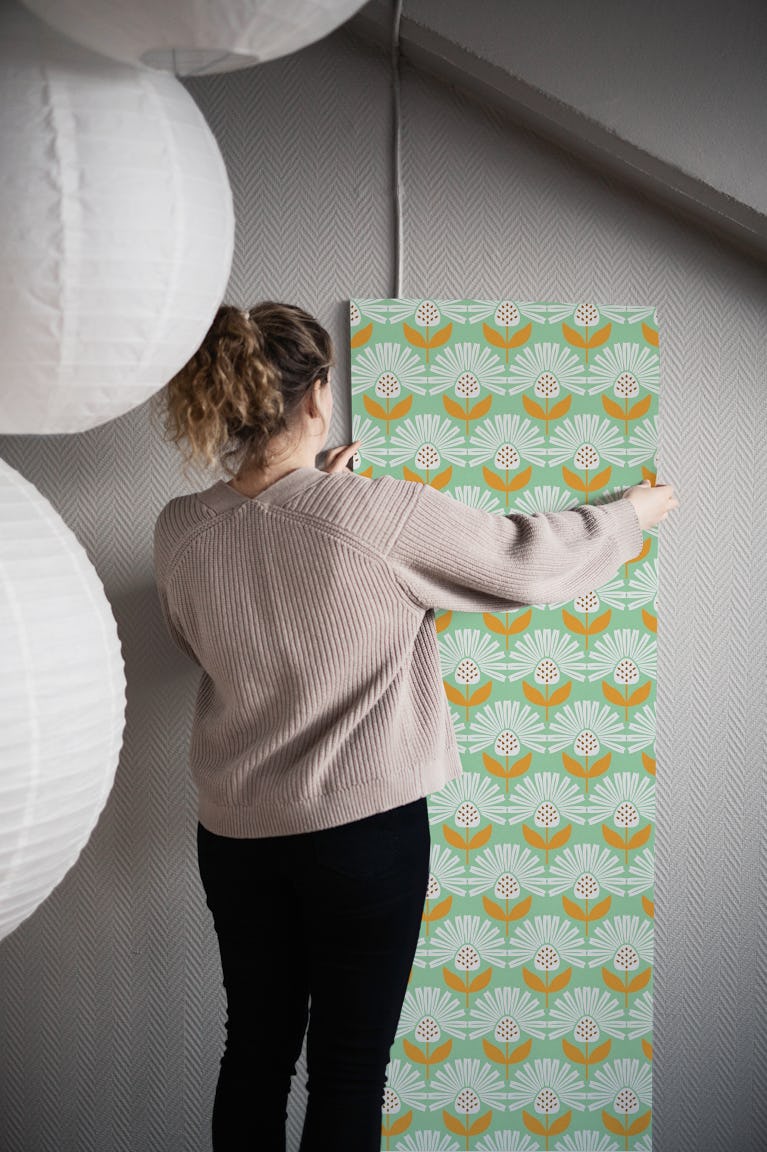Mid century flowers teal wallpaper roll
