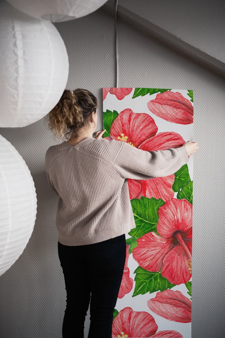 Red hibiscus watercolor wallpaper roll