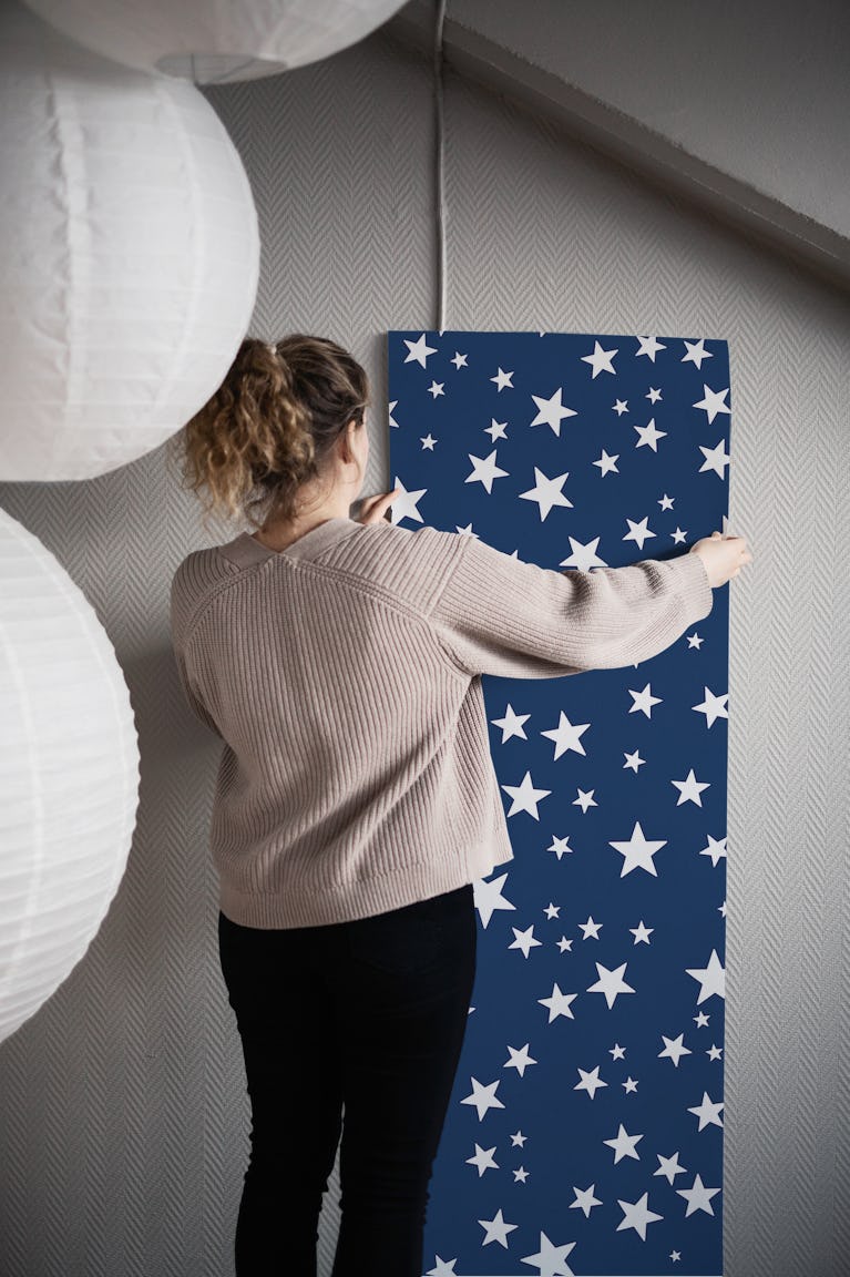 Shining golden white star navy wallpaper roll