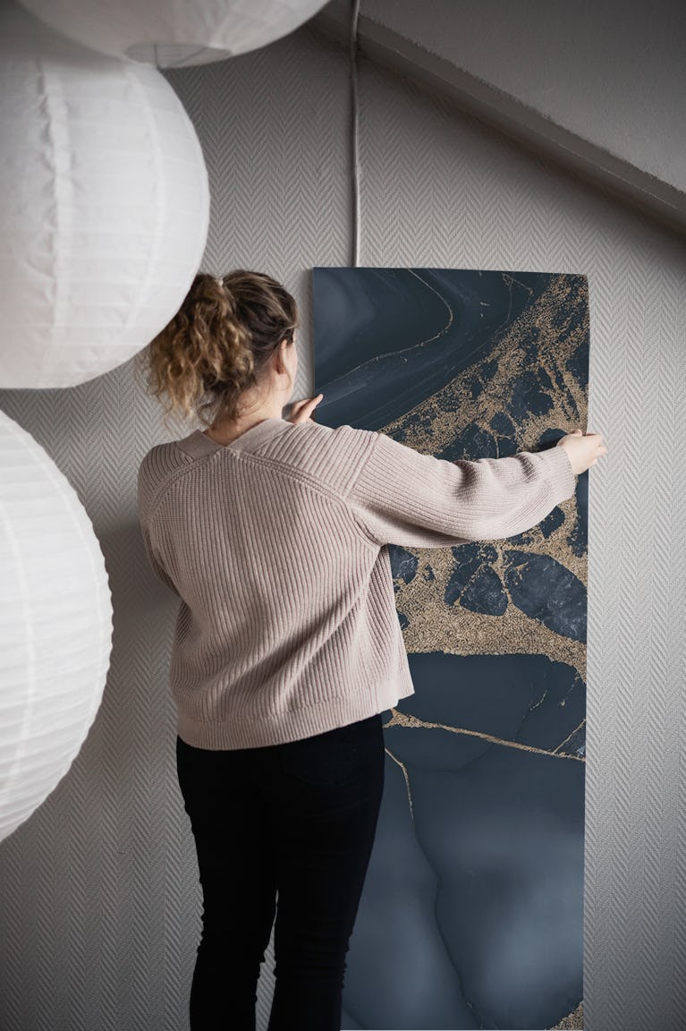 Fancy Faux Marble Blue Gold wallpaper roll