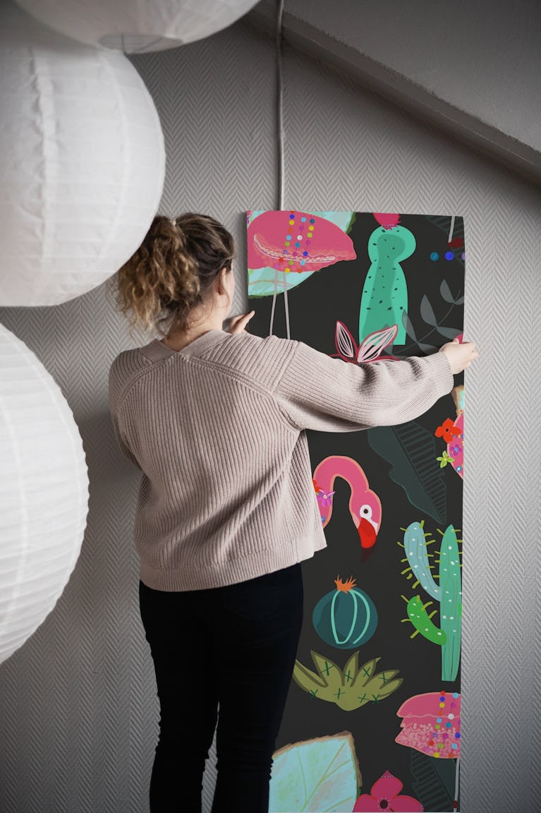 Flamingo and cactus pattern wallpaper roll