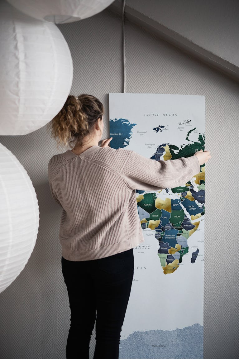 World Map Green Blue wallpaper roll