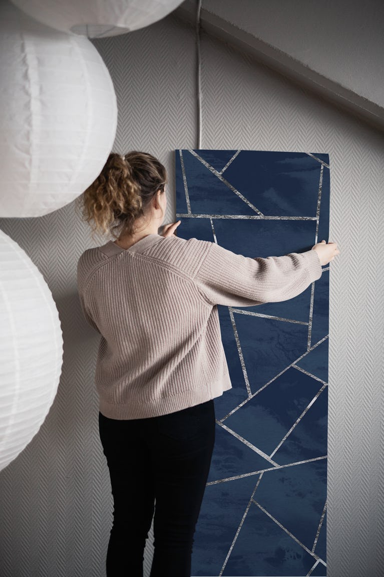 Blue Ink Silver Geometric 1 wallpaper roll