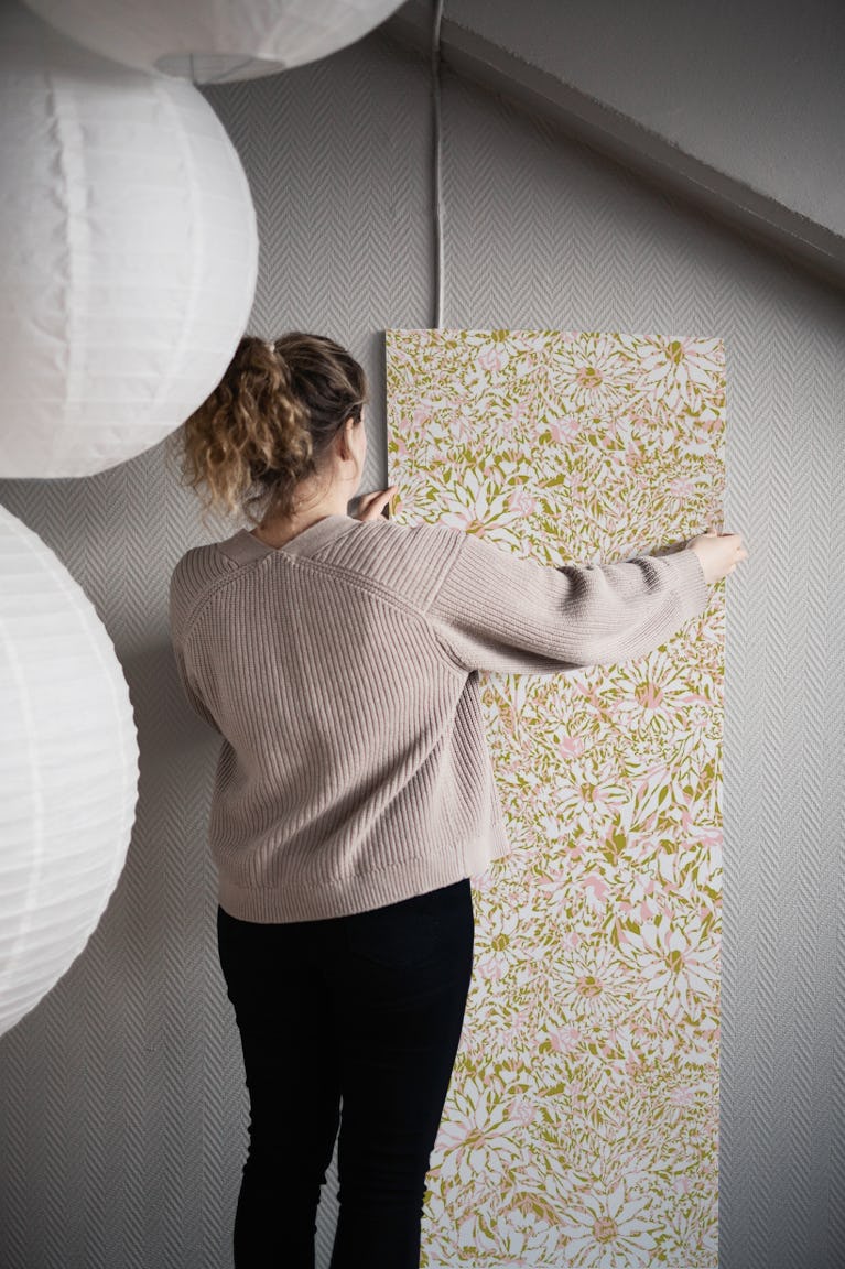 Linear Garden Olive Pink wallpaper roll