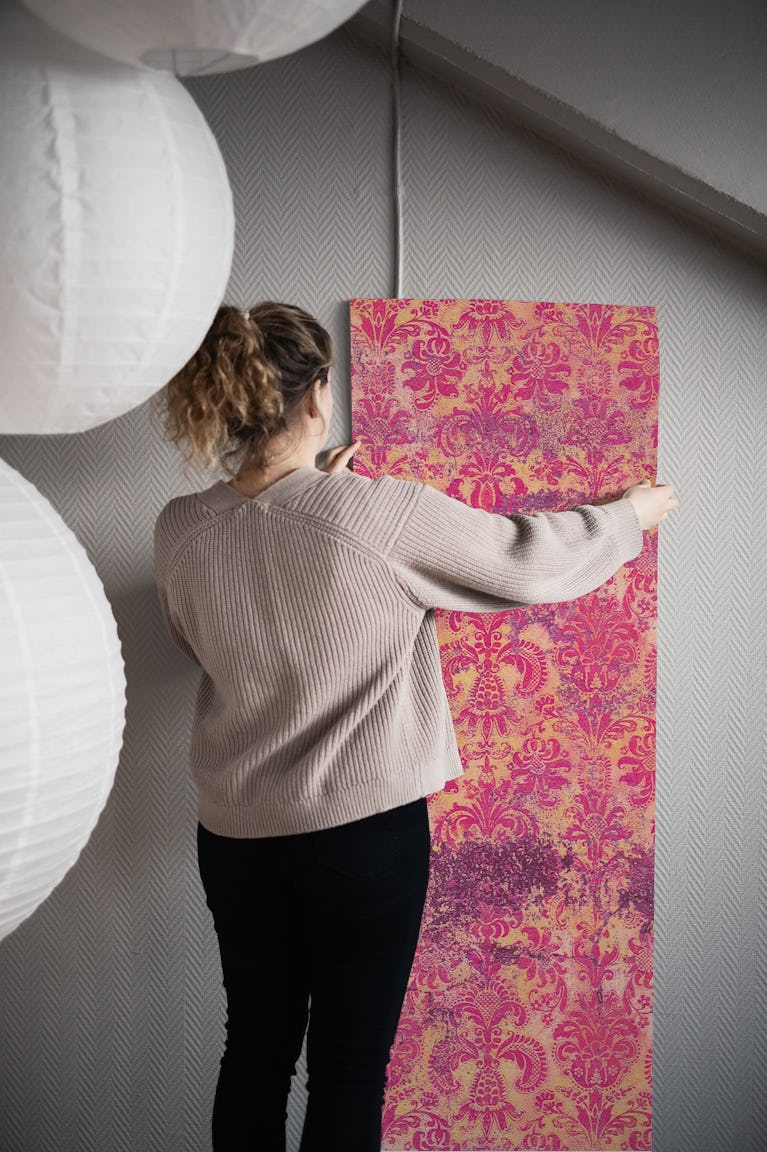 Grunge Damask Wall Fuchsia wallpaper roll