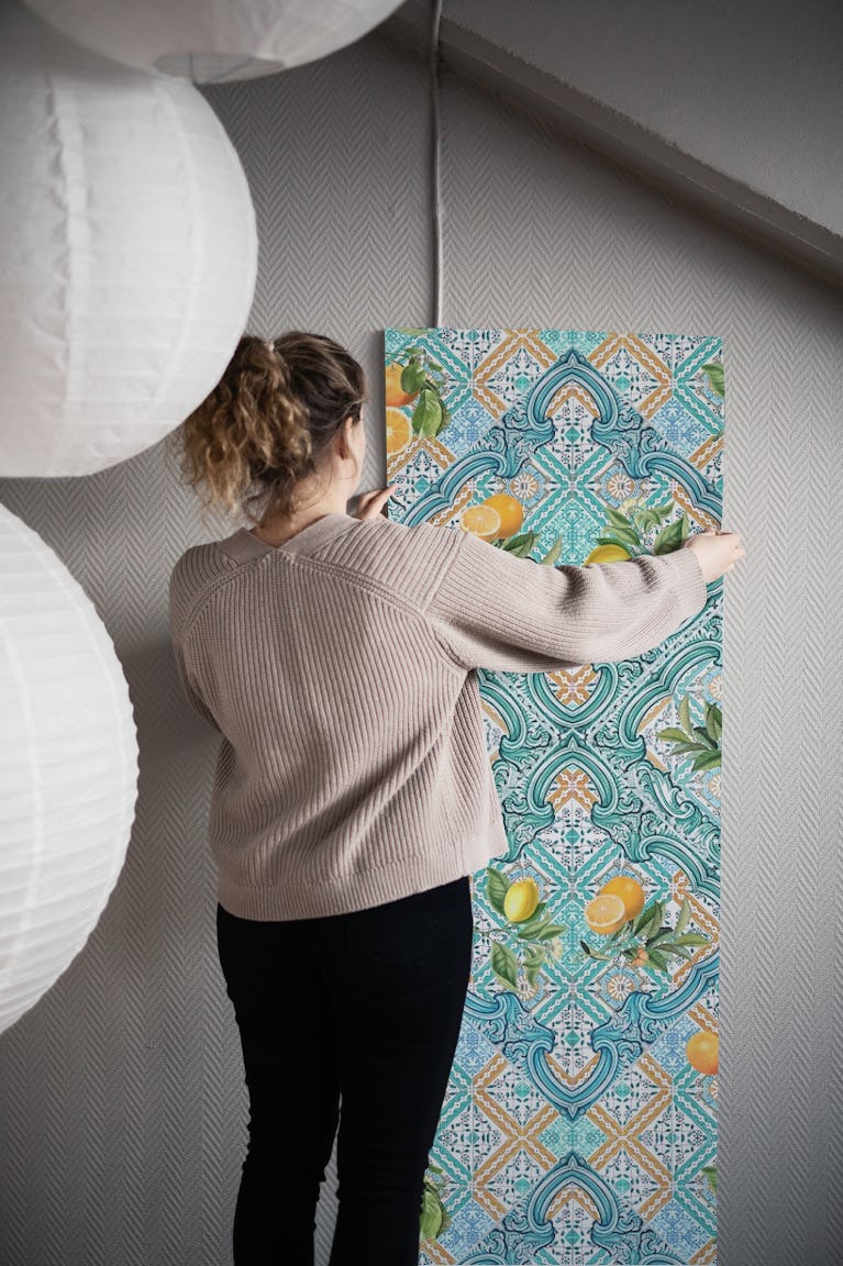 Amalfi azure tiles, lemons and oranges II wallpaper roll