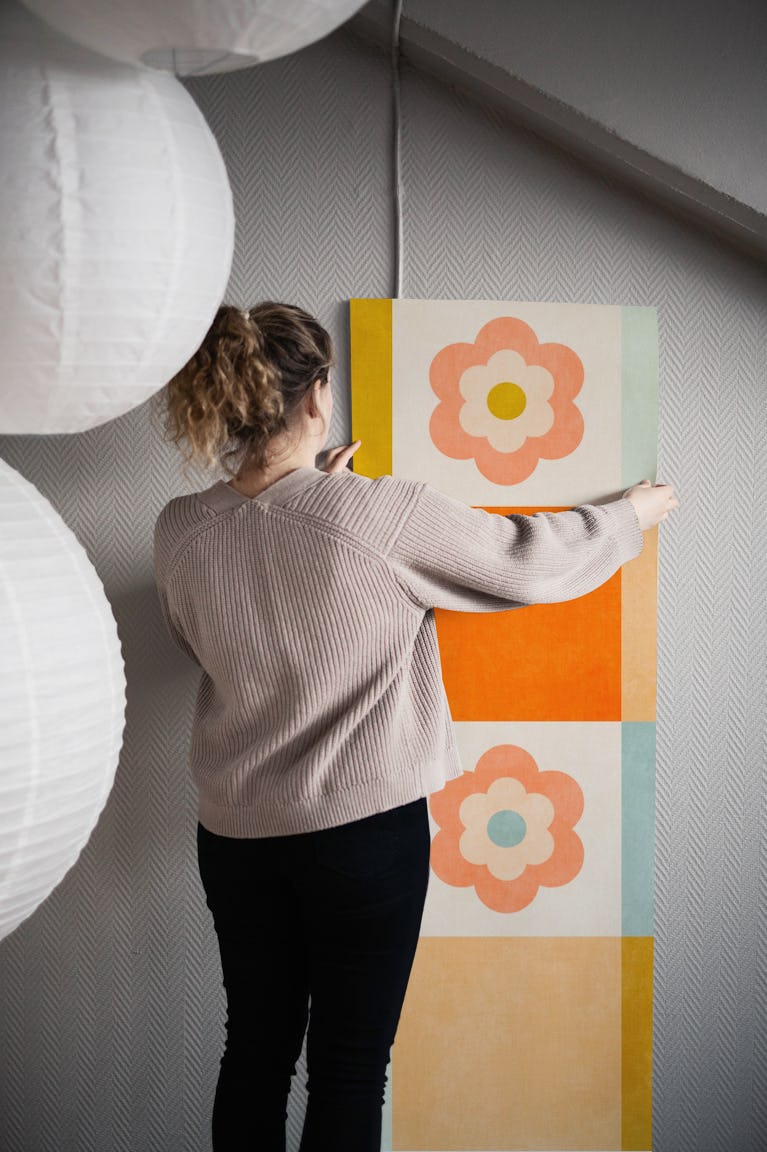 Mid century retro daisy checkers wallpaper roll