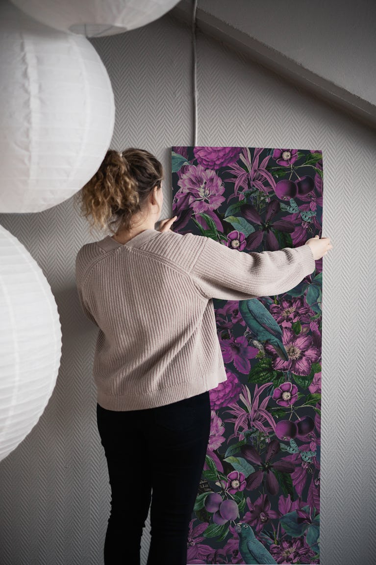 Moody Tropical Jungle Birds Paradise Purple And Teal wallpaper roll