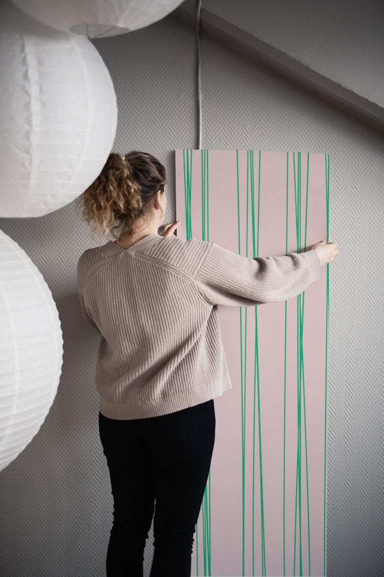 Hand-Drawn Minimal Line Art Rose Pink Green wallpaper roll