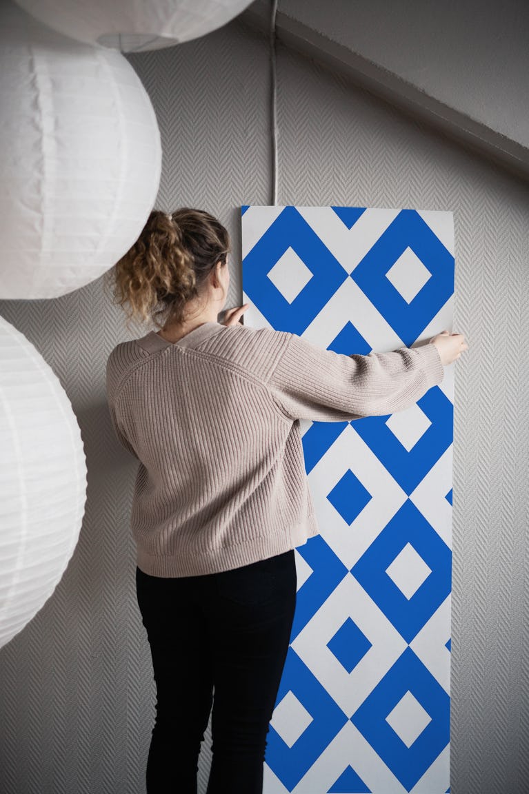 White Blue Rhombus Pattern wallpaper roll