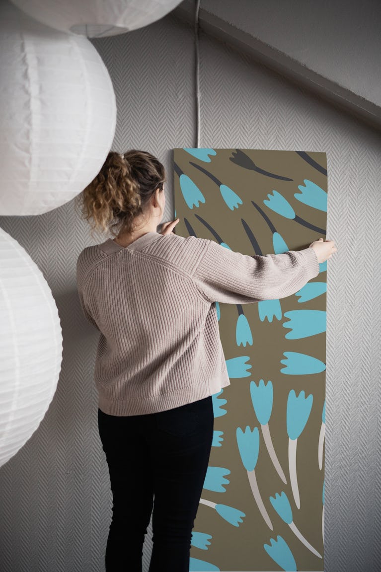 Turning tulips in aqua blue wallpaper roll