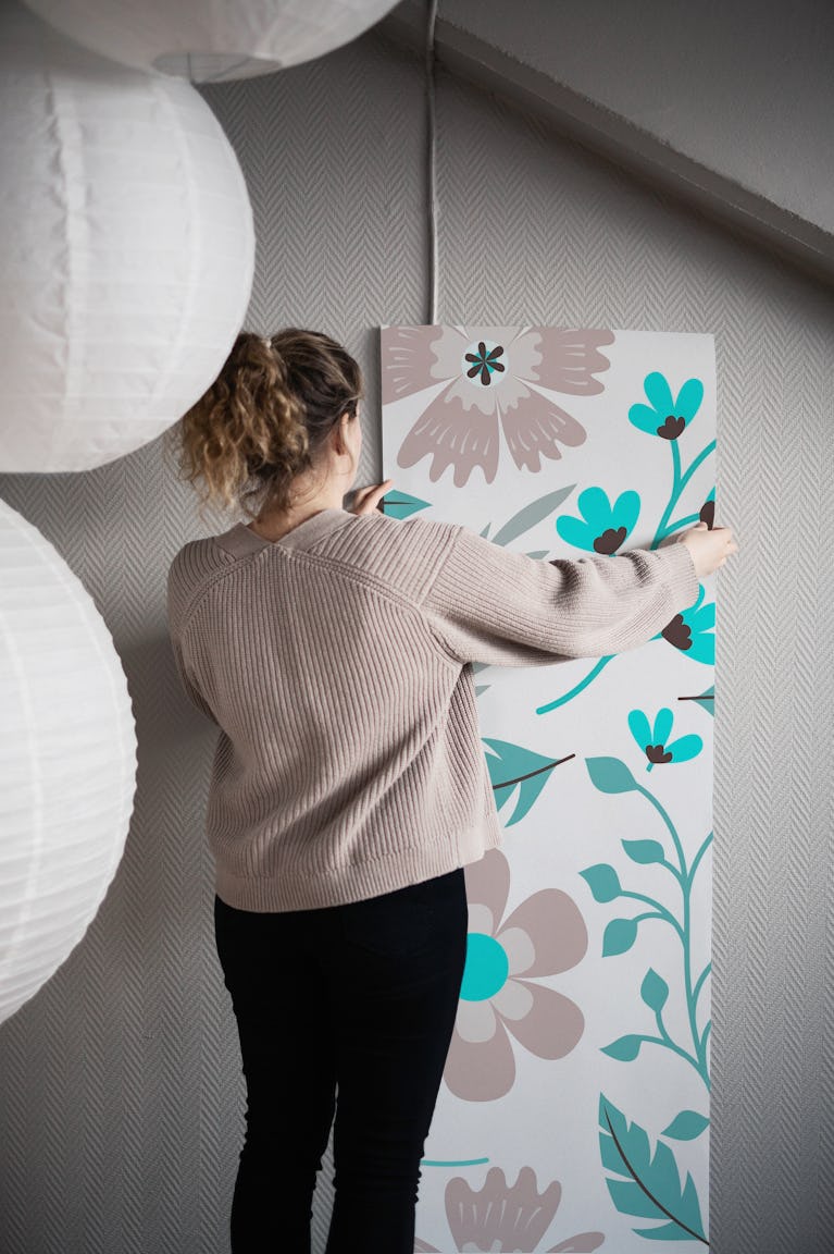 Mid Century Florals Blush Pink And Teal wallpaper roll